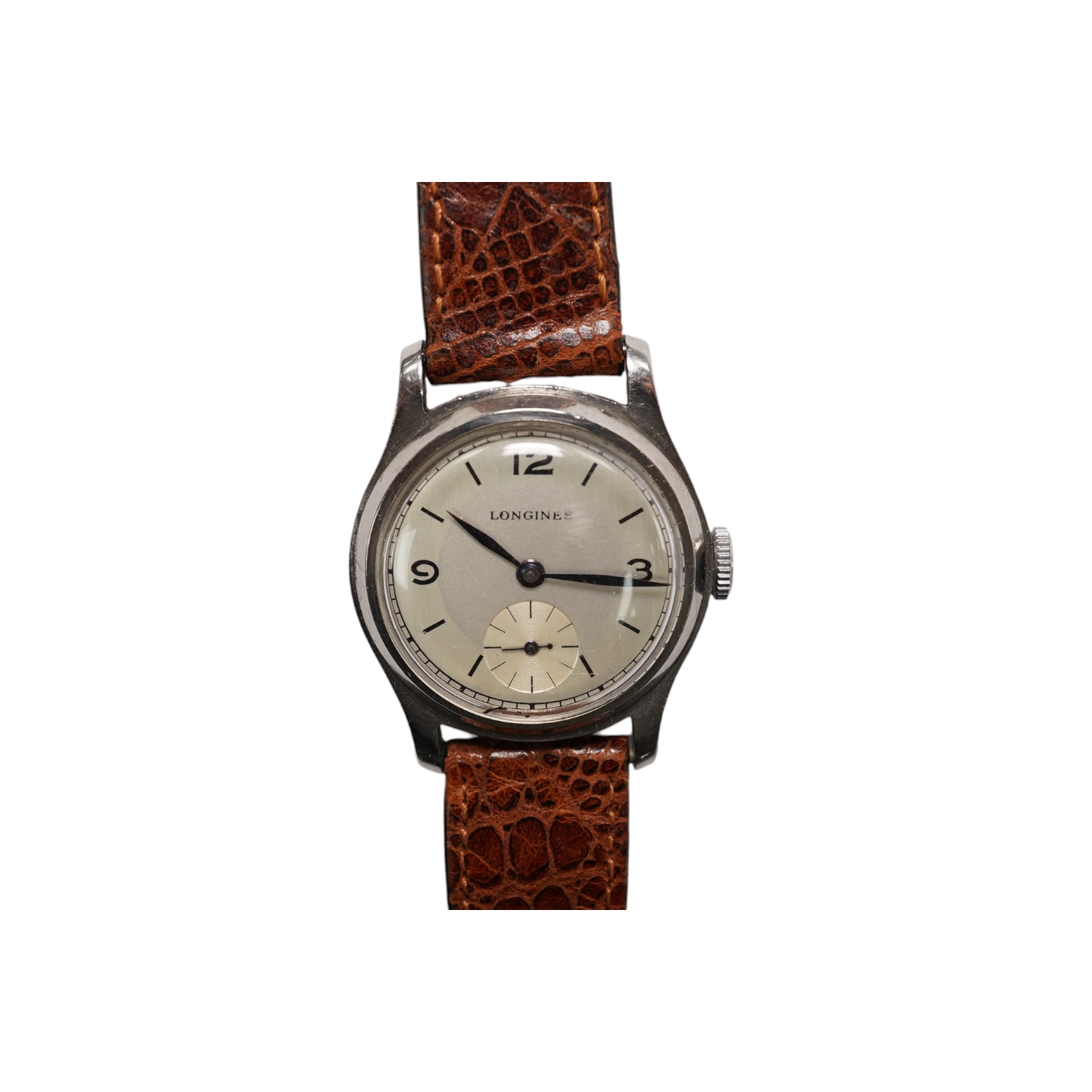 A gentleman's steel Longines manual wind wrist watch, with Arabic and baton numerals, and subsidiary seconds, movement c.11L, case diameter 30mm, on a later associated leather strap. Condition - poor